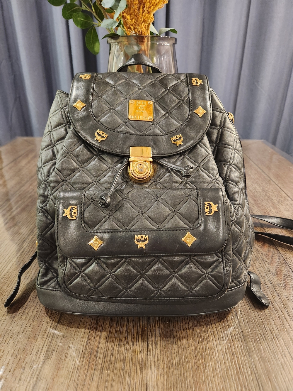 MCM Quilted Black Leather Backpack with Gold Hardware
